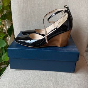Cole Haan black patent ankle strap wedge
